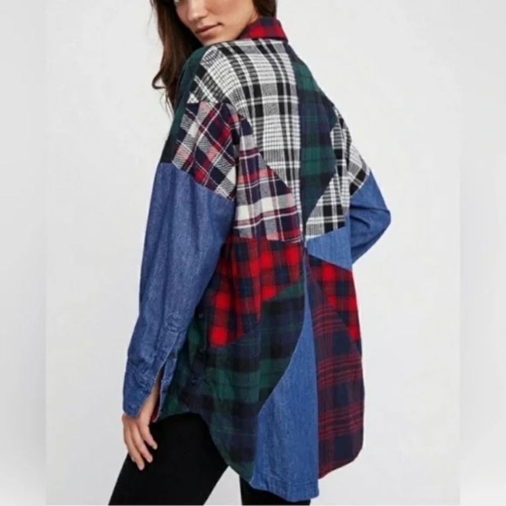 Free People Rainbow Rays Flannel and Denim Combo Button Down Shirt XS